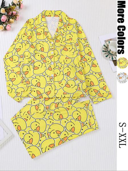 Cute Duck Print Women's Pajama Set, Long Sleeve Shirt Collar Button Soft Top & Loose Elastic Pants Pjs, Casual Home Wear