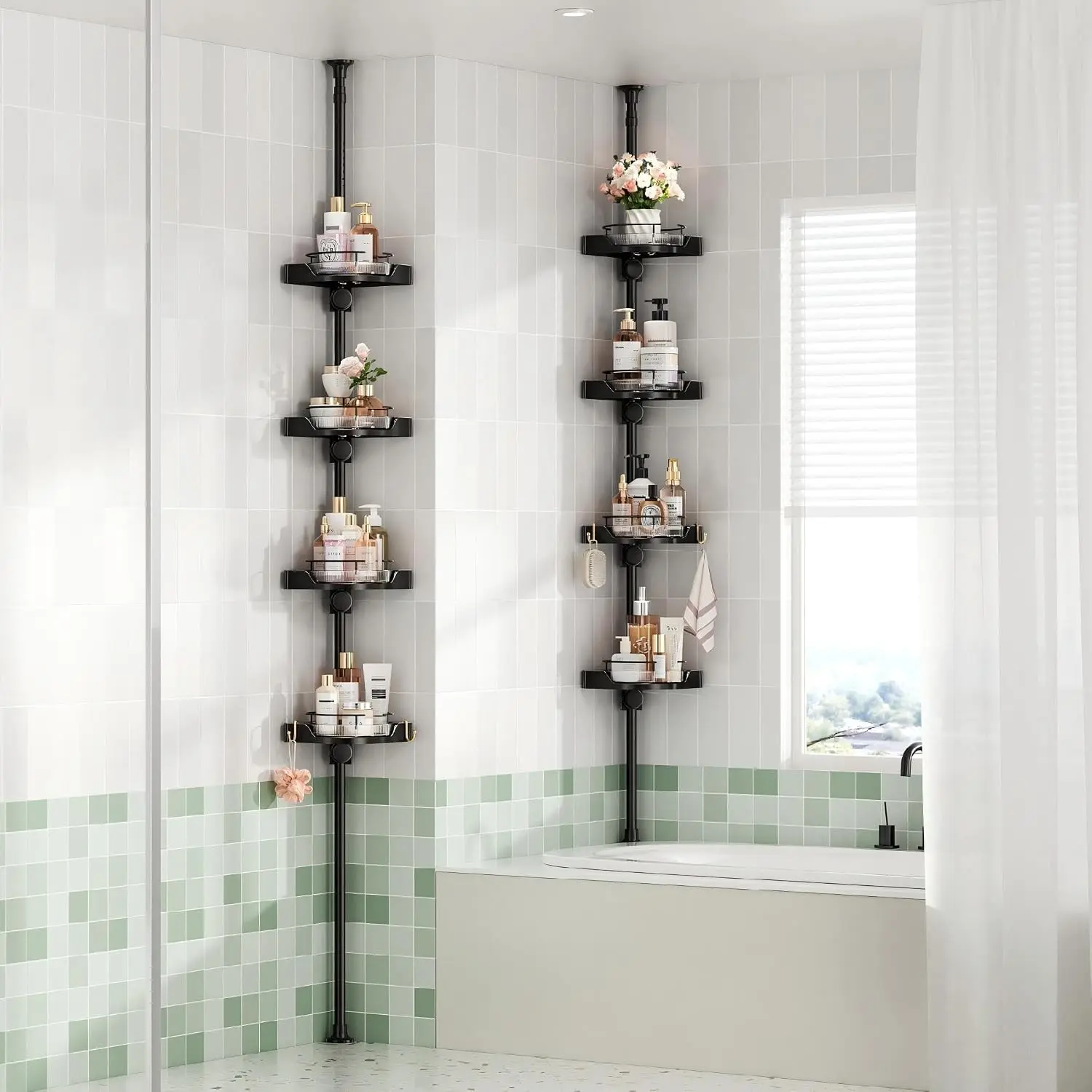 360° Rotating Shower Caddy Tension Pole, 4 Tiers Corner Shower Organizer for Bathroom Shelf Bathtub, Adjustable Standing Shower Rack, Easily Assemble, 34-124 Inch Height, Black