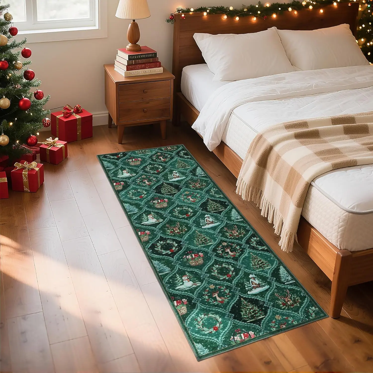 GarveeHome Christmas Runner Rug 2x6 Boho Non-Slip Stain Resistant Machine Washable Rug for Hallway, Large Neutral Low-Pile Area Rug for Living Room Bedroom Kitchen Office, Green