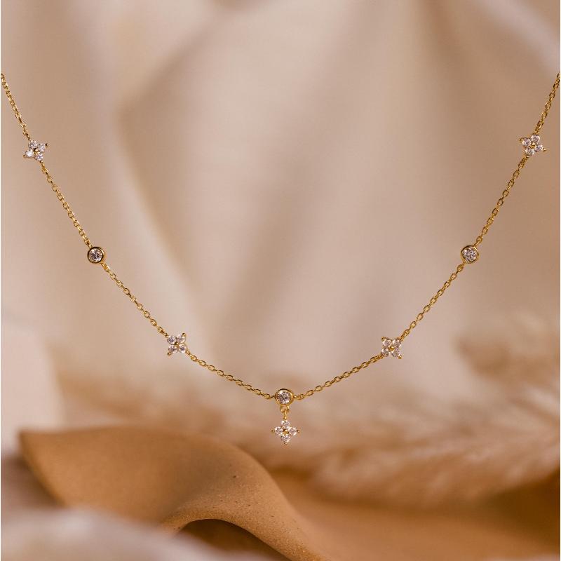 Ivy Diamond Station Necklace by Caitlyn Minimalist - Cubic Zirconia Flower Charm Necklace - Dainty Floral Jewelry - Best Friend Gift.