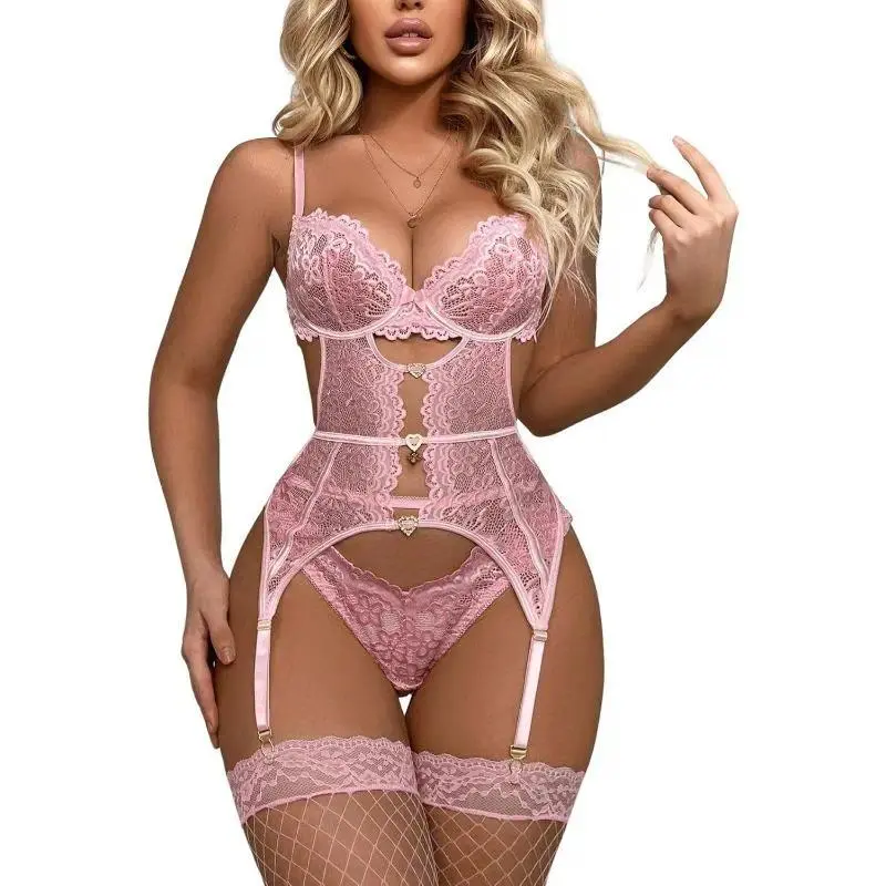 Women's Sheer Underwire Lace Lingerie Set - Floral Bra, Thong, Babydoll, Garter, Fishnet Stockings Bodysuit, Elegant Style Lingerie Women for Lady Intimate Gift