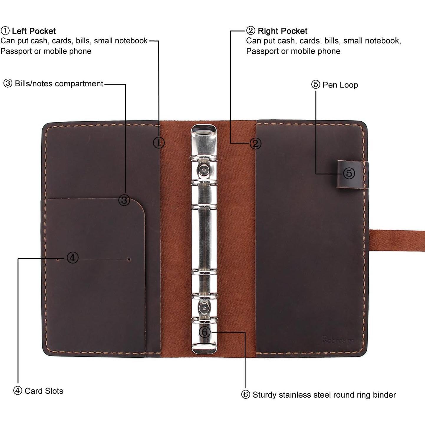 Journal Writing Notebook, A6 Ring Binder Refillable Diary Notepads,   Travel Organizer Agenda for Men Women - Coffee