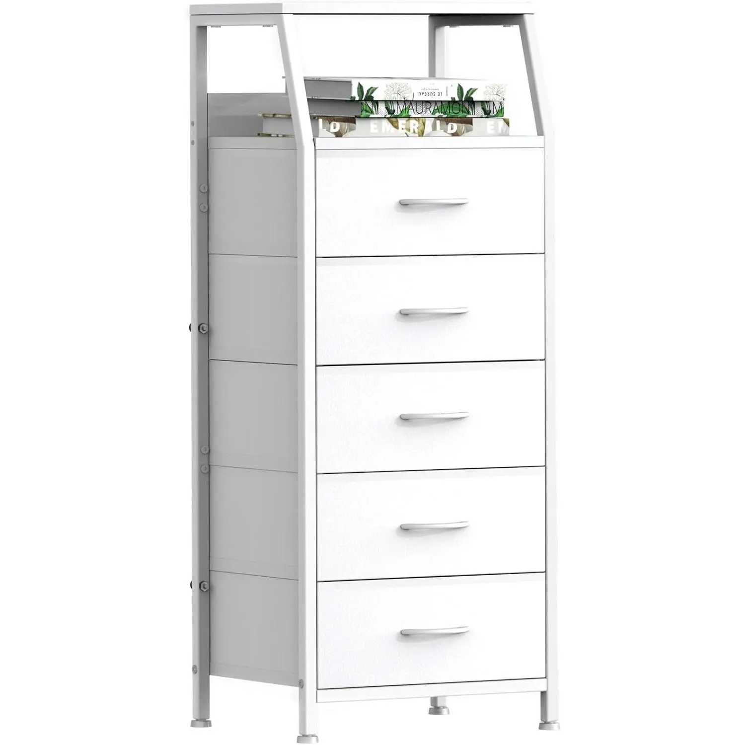 5 Drawers White Tall Fabric Dresser for Bedroom, Dorm Nightstand | Vertical Storage Tower Closet Organizer, Skinny Narrow Bedside Table for Entryway, Steel Frame, Wooden Top