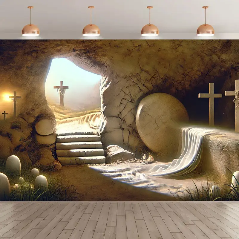 Resurrection Stone Cave Printed Rectangular Lightweight Polyester Tapestry, Religious Easter Backdrop, Church Wedding Event Decoration Banner, Indoor-Outdoor Wall Hanging Photography Background