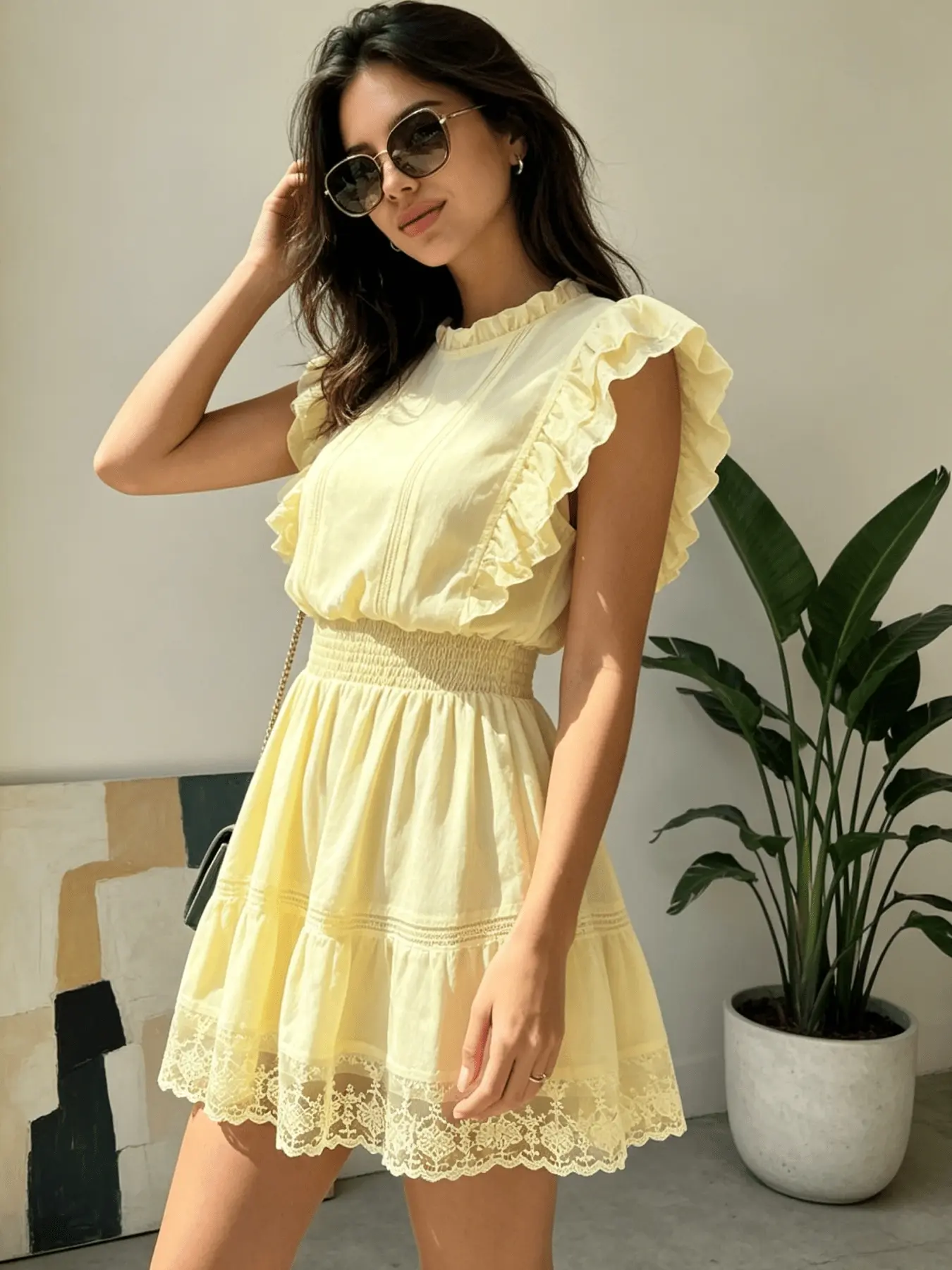 A women's fashionable yellow black fungus edge small fly sleeve waist cinched short dress with elastic high waist and lace skirt, suitable for commuting to work, shopping and outdoor wear