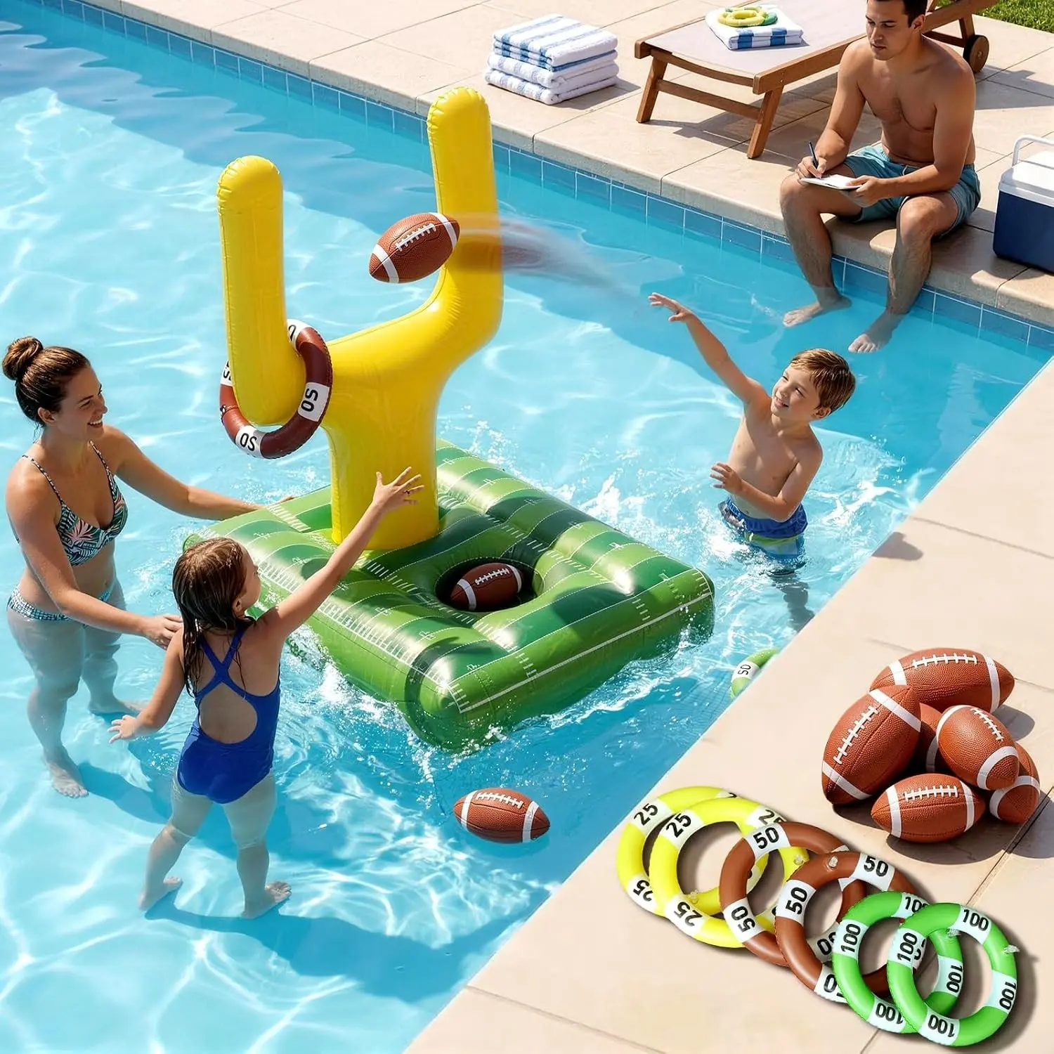 3-in-1 Inflatable Football Pool Ring Toss Game, Heavy Duty PVC Floating Football Target, Fun Summer Pool Toys for Kids and Adults, Perfect for Swimming Pool Backyard Beach Party Games