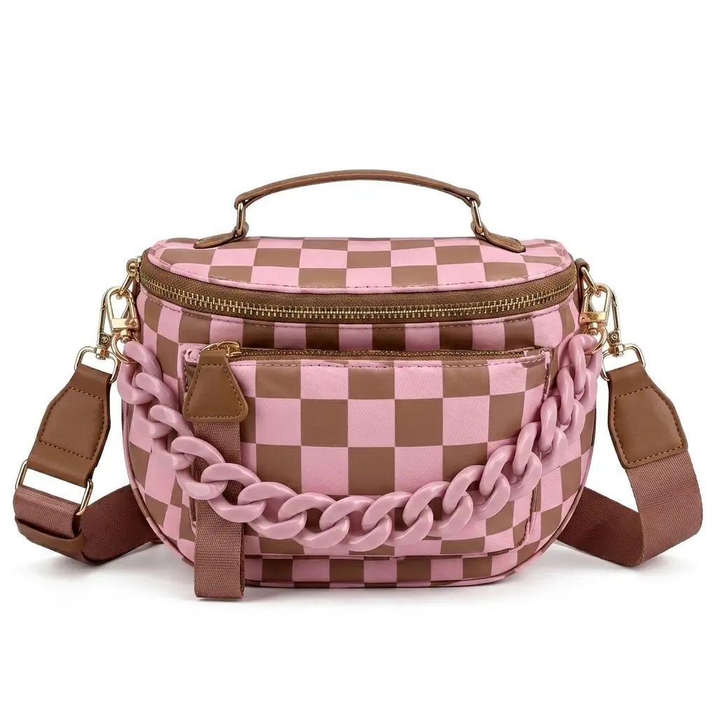 Chain-Spacious Checkered Nylon Crossbody Bag Bum Bag Checkered Handbags Wallets with Personalized Chain for Women