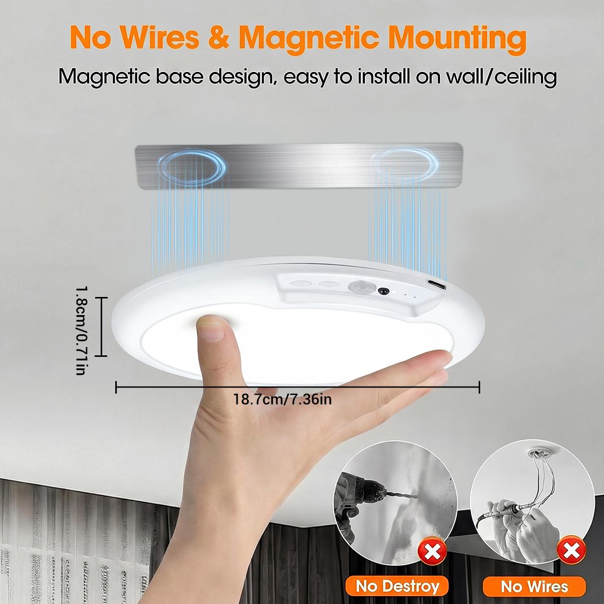 Rechargeable Motion Sensor Ceiling Light with Remote - Magnetic Battery Powered, 3 Color Dimmable | Wireless for Shower, Closet, Stairs, Hallway, Shed, Garage Stairs