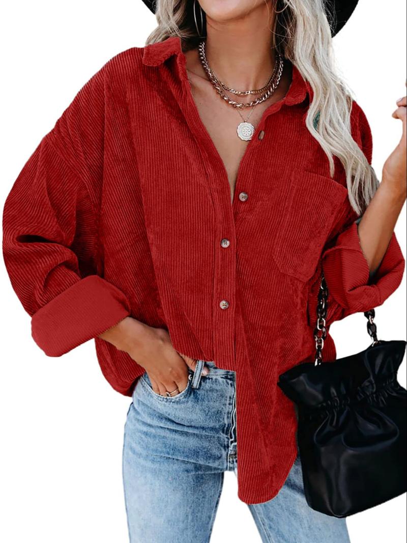 Women's Plain Pocket Button Front Corduroy Shirt, Casual Drop Shoulder Long Sleeve Blouse Top for Spring & Fall, Ladies Clothes for Daily Wear
