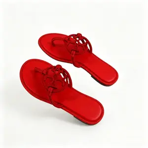 Women's Red Hollow Out Thong Flat Sandals, Trendy Cutout Casual Summer Flip Flops For Beach Vacation Daily Outfit