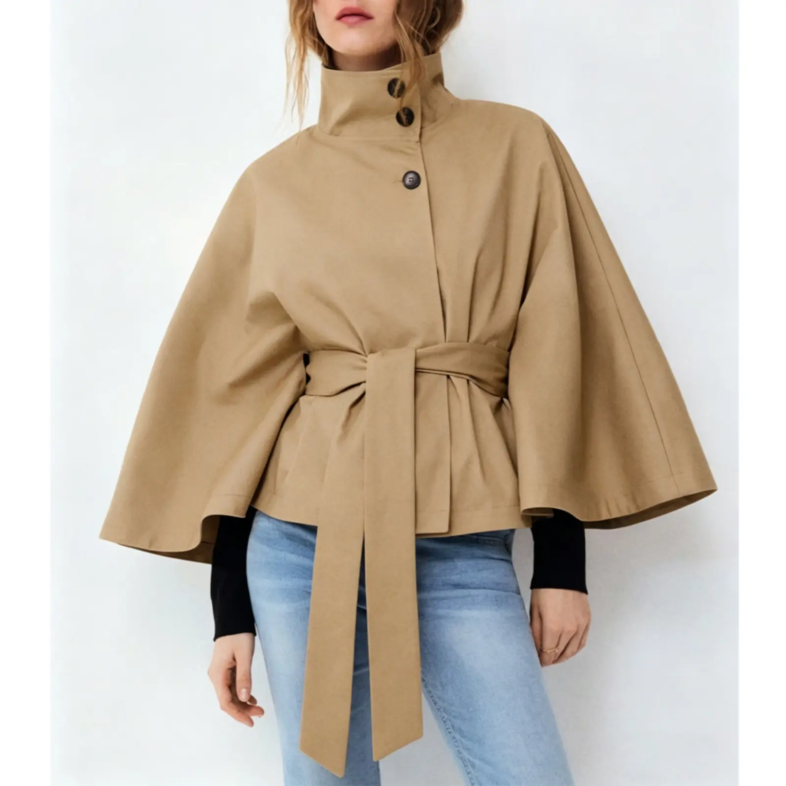 Cicy Bell Women's Cropped Trench Coat Cape Sleeve Stand Collar Belted Jacket | Loose Fit, Long Sleeve, Fall Outerwear, Half Button Down, Tie Belt, Trendy Casual, Cinched Waist