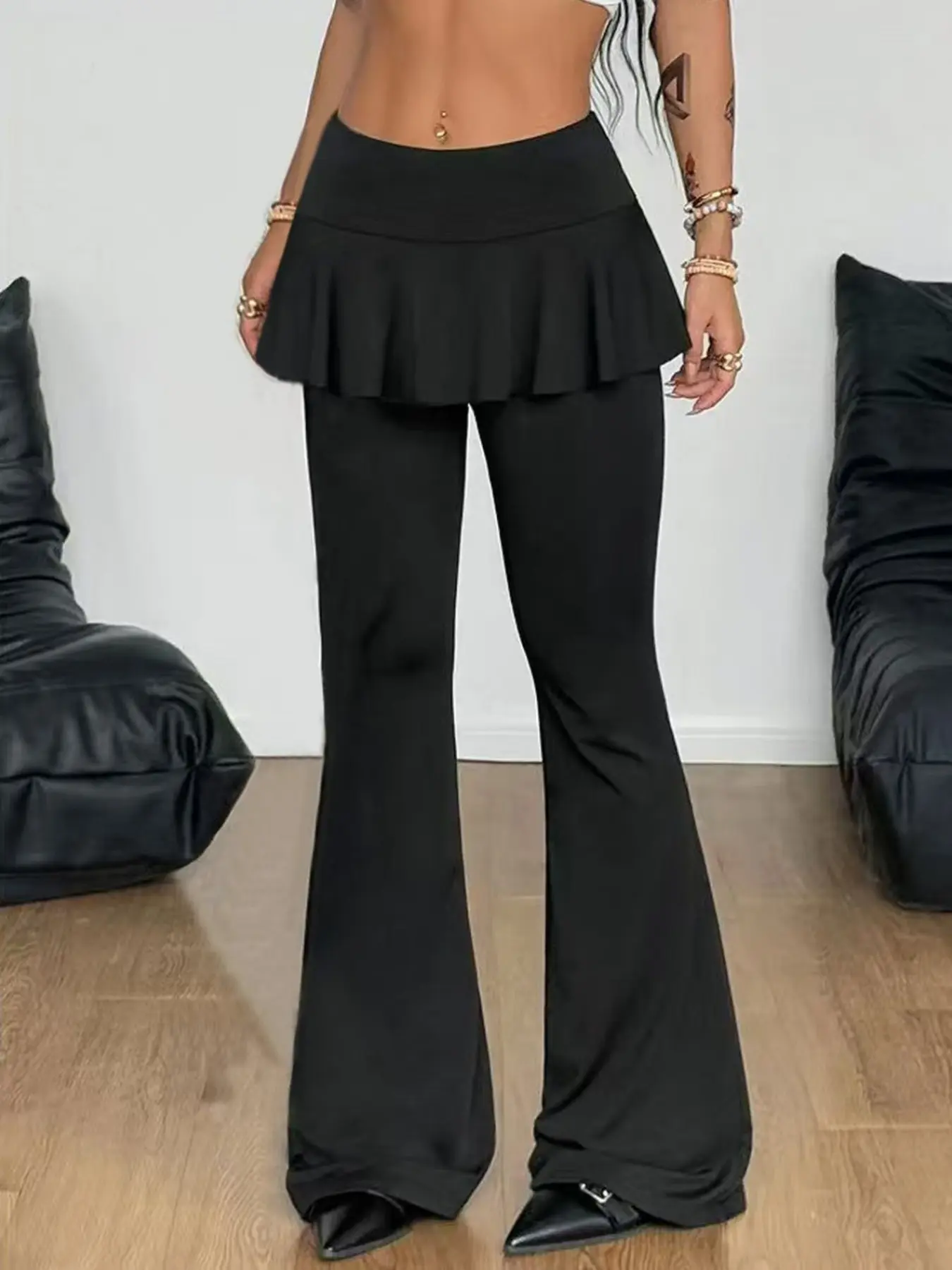 European and American Style High Waist Pleated Micro Flare Pants, Slimming and Fashionable Layered Look, Sexy Girl Skirt-Style Flare Pants