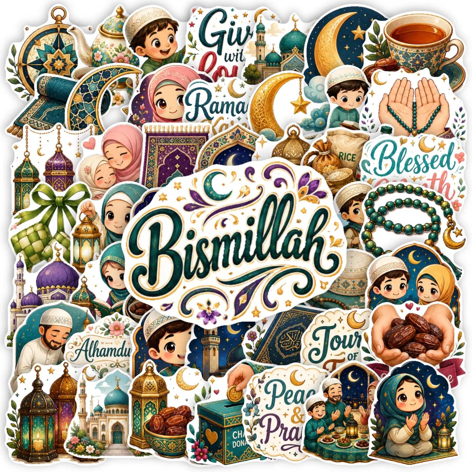 50Pcs Ramadan Islamic Festival Stickers, Blessed Month Moon Lantern Decor Labels, Planner Accessories, Office Products, Back To School Notebook Decor