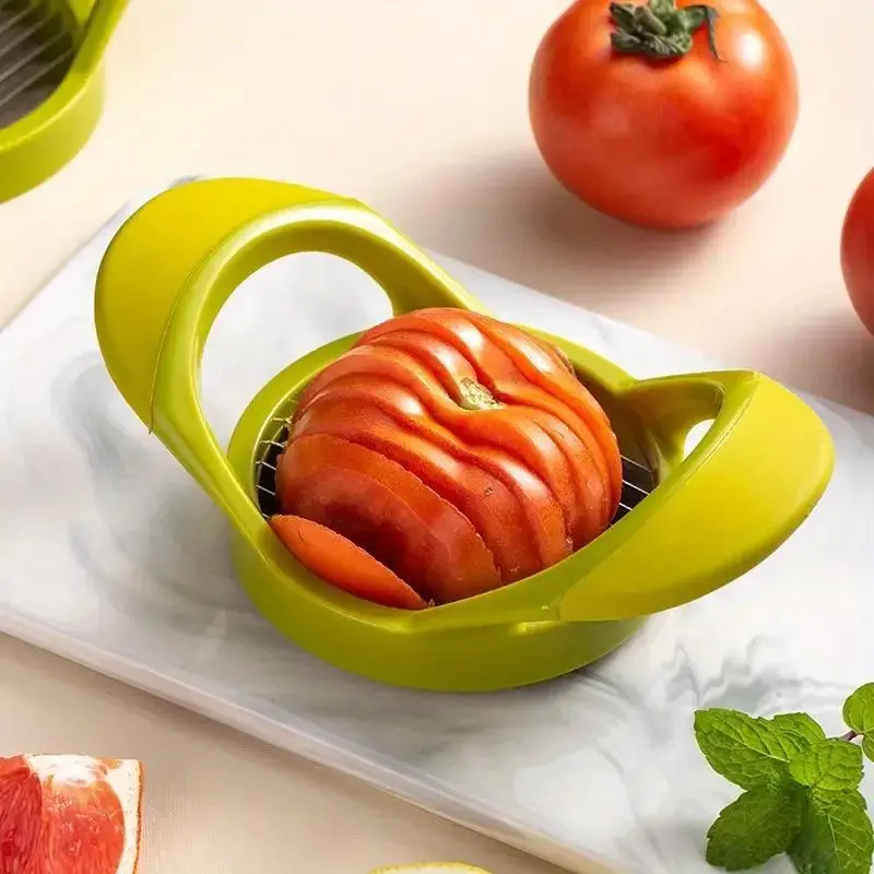 1pc Stainless Steel Tomato Slicer, Multifunctional Manual Kitchen Fruit & Vegetable Cutter with Green Easy-Grip Handle