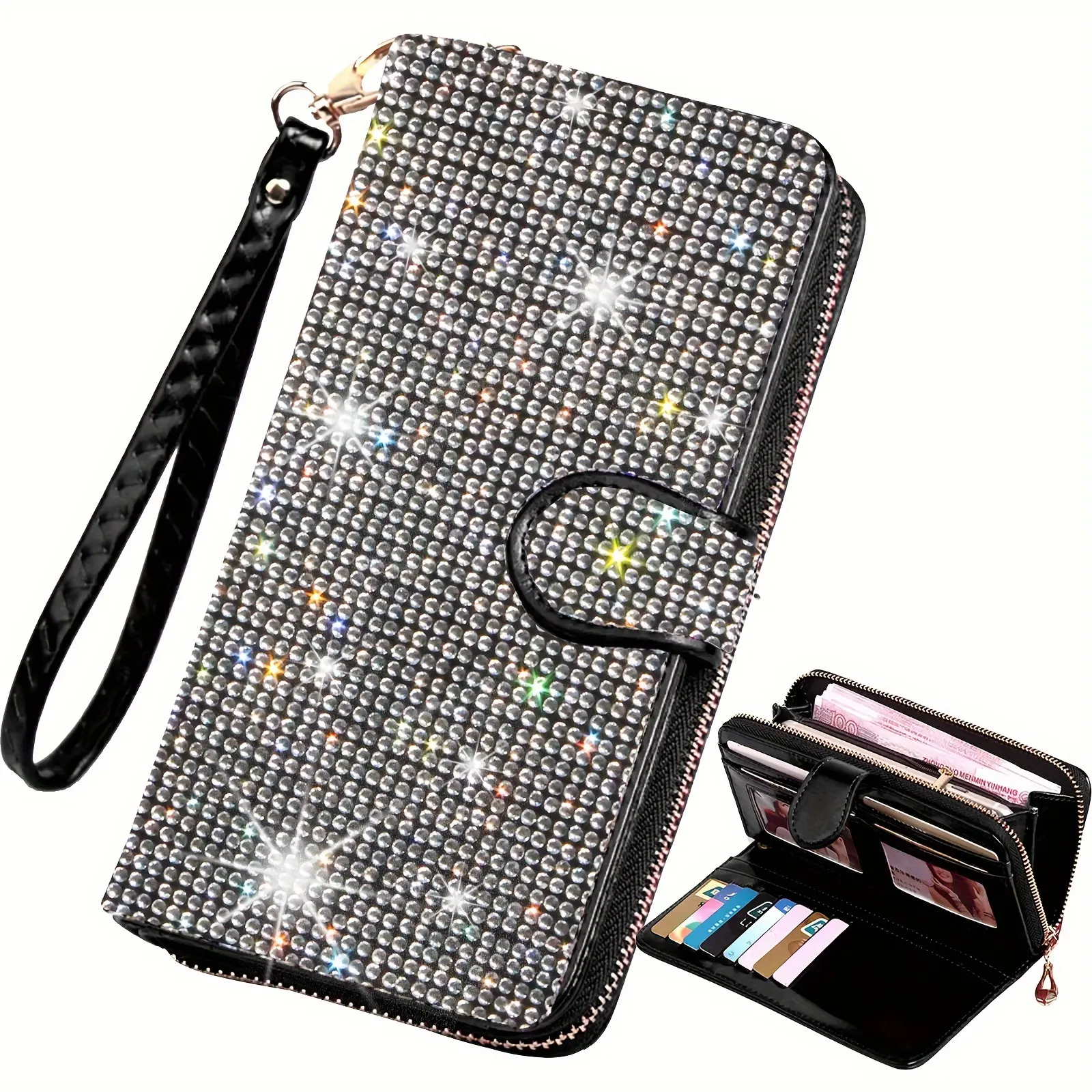 Women's Leather Rhinestone Flap Wristlet Clutch - Casual, Chic, High-Capacity Women's Wallet for Luggage & Bags Use, Flowers