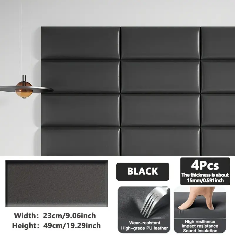 4pcs 3D Color Blocking Self-Adhesive Anti-collision and Soundproof Wall Stickers - Leather Material, Soft And Comfortable - for Bed Head Background Wall, Taekwondo Gym, TV Background Wall, Home Decoration, High-Grade PU Leather Surface