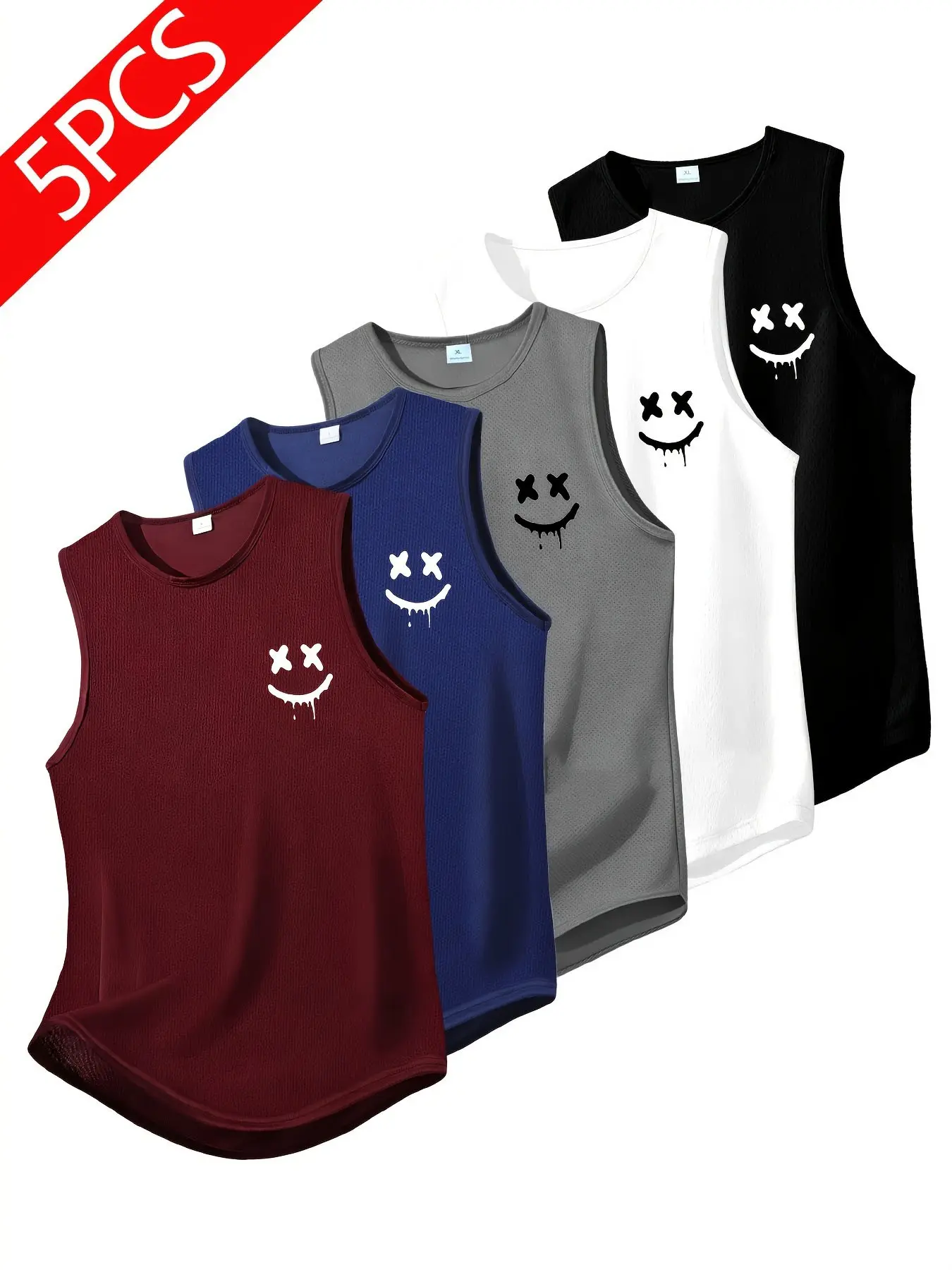 5-Pack Men's Quick-Dry Sports Dry Fit Sleeveless Tank Tops Activewear for Fitness, Smiley Face Print, Lightweight Breathable Moisture-Wicking, Ideal for Running & Fitness