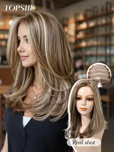 Topshe 18-Inch Mono6.5*5.5 High-Definition Lace Front Wig, Layered Highlights, Straight Medium Length, Suitable for All Occasions