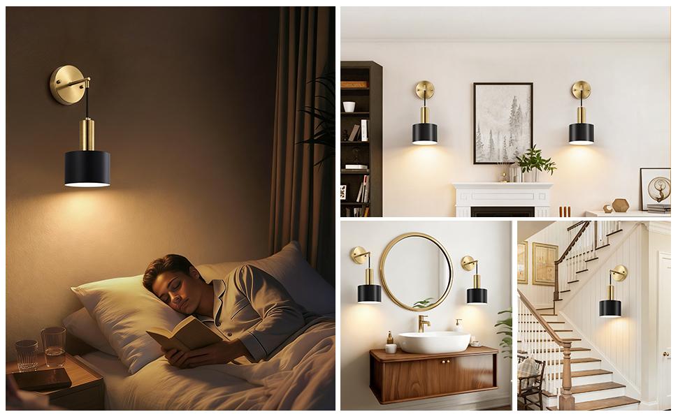 Battery Operated Wall Sconces Set of Two, Black & Gold Wireless Rechargeable Wall Lights with Remote, Dimmable LED Wall Lamps, Modern Cordless Sconce for Bedroom Living Room Hallway