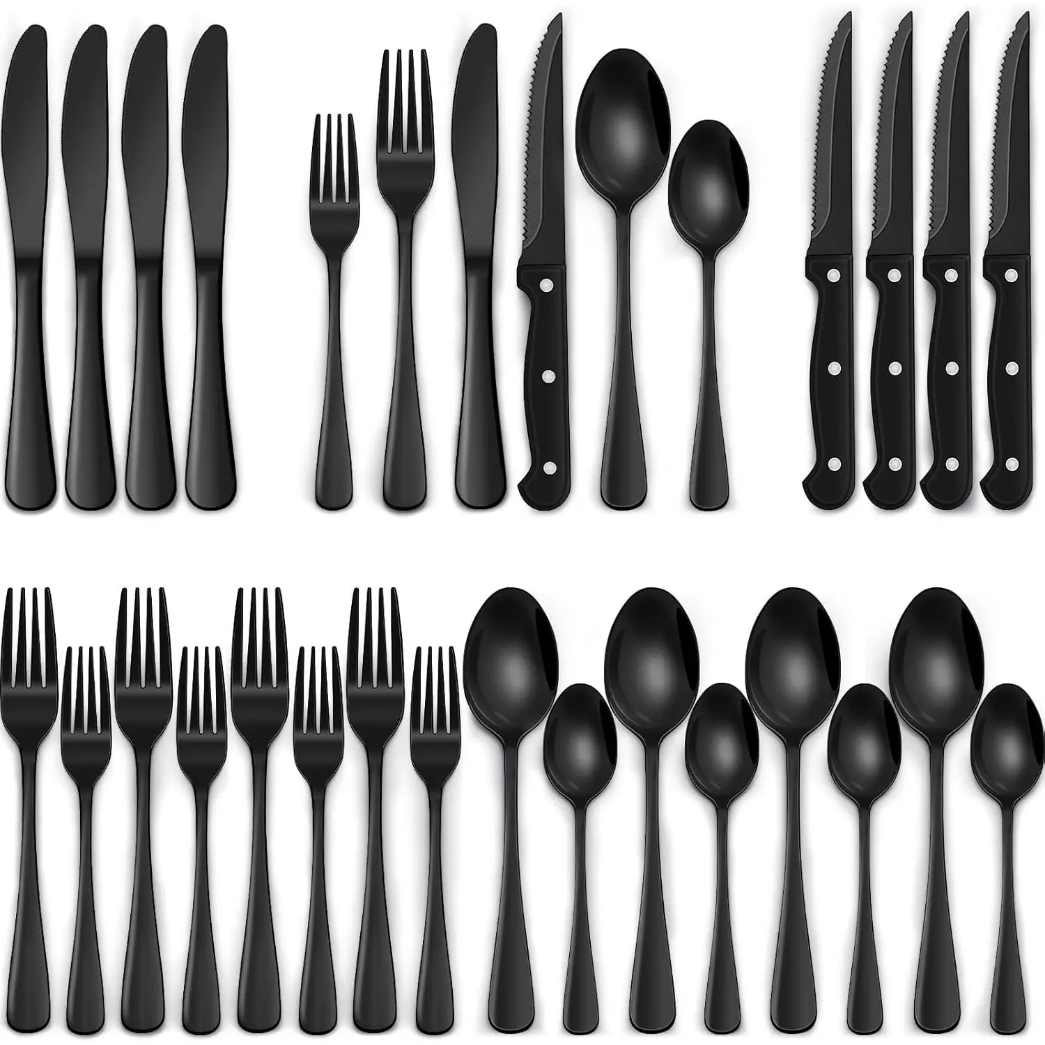 24-Piece Black Silverware Set with Steak Knives, Black Flatware Set for 4, Food-Grade Stainless Steel Tableware Cutlery Set, Mirror Finished Utensil Sets for Home Restaurant, Round Edge