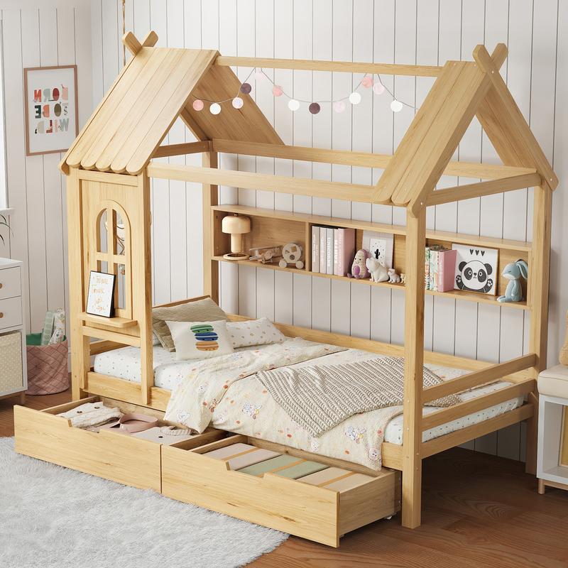 [Bellemave]Twin/Full house Beds with Storage Drawers and Window, Solid Wood House Platform Bed Frame with shelves, for Kids, Girls, Boys, No Spring Box Needed and Childlike Design, Natural