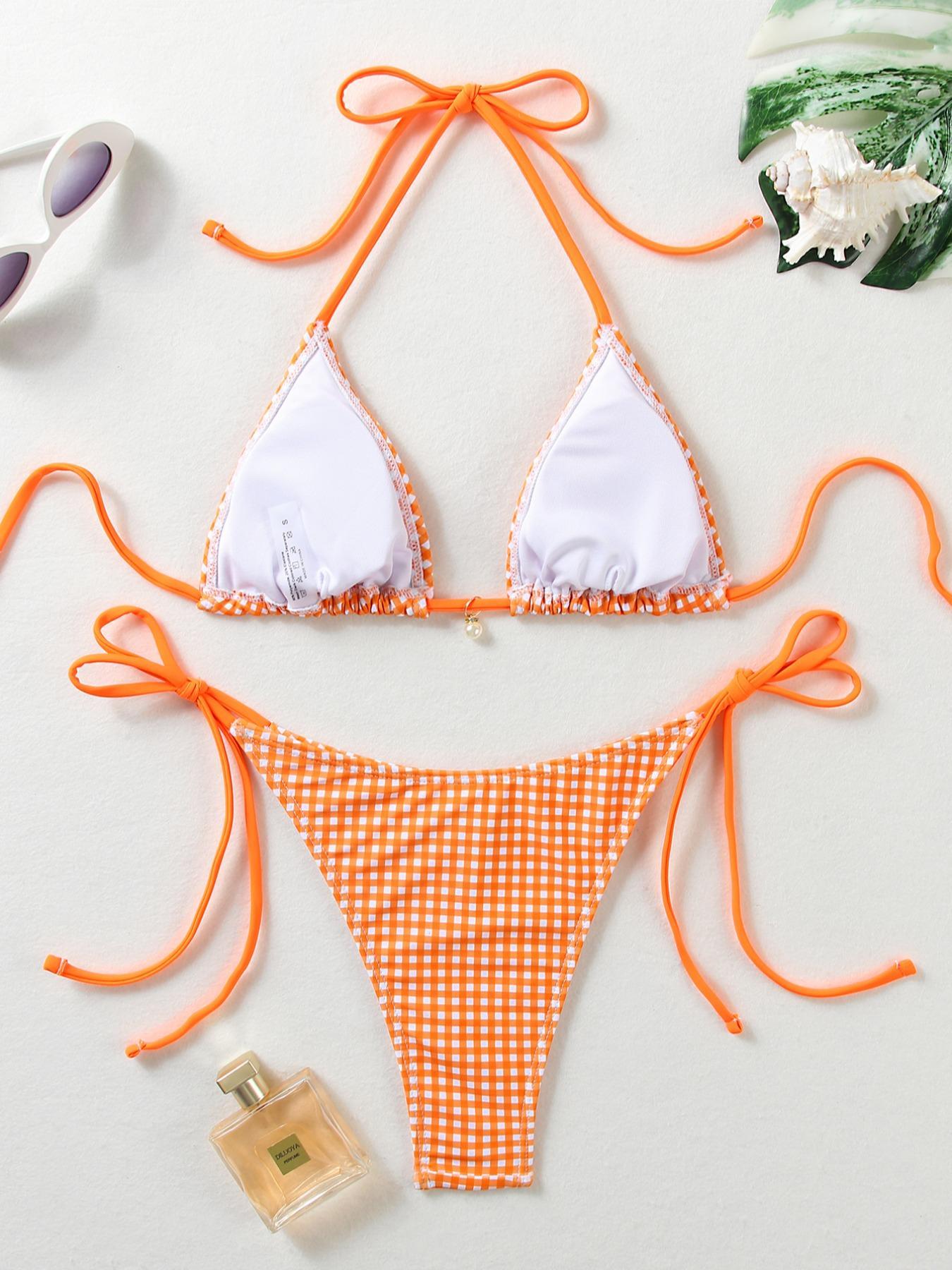 Two-piece Set Women's Gingham Print Halter Ruched Bikini Set, Casual Fashion Chic Swimwear Set for Beach Holiday Vacation, Ladies Swimsuit for All Seasons