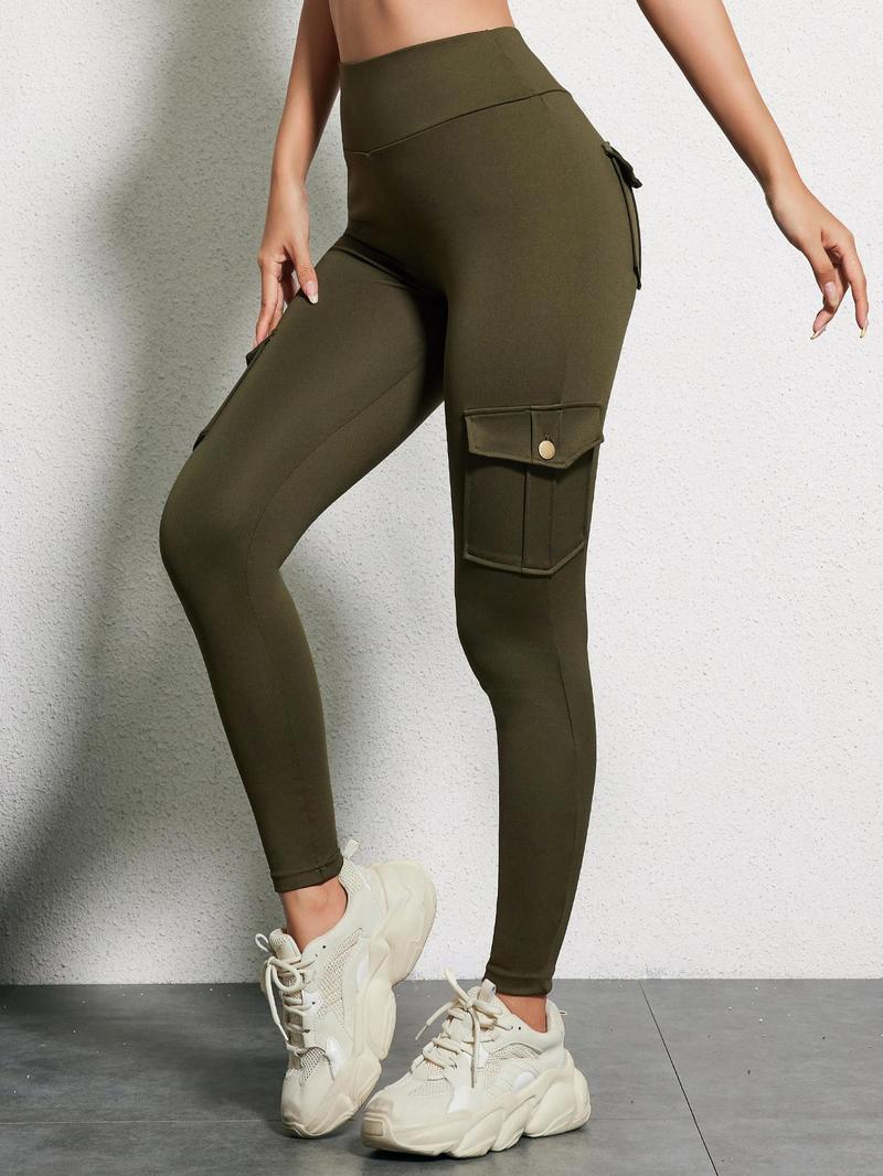 Women's Plain Flap Pocket Button High Waist Leggings, Casual Comfy Breathable Skinny Cargo Pants for Daily Wear, Ladies Bottoms for All Seasons, Leggings for Women, Pants for Women