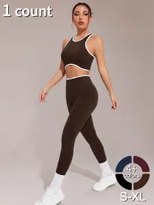 Womens Workout Sets 2 Piece Seamless Crop Tank Top High Waist Leggings Contrast Trim Padded Racerback Bra Yoga Outfits