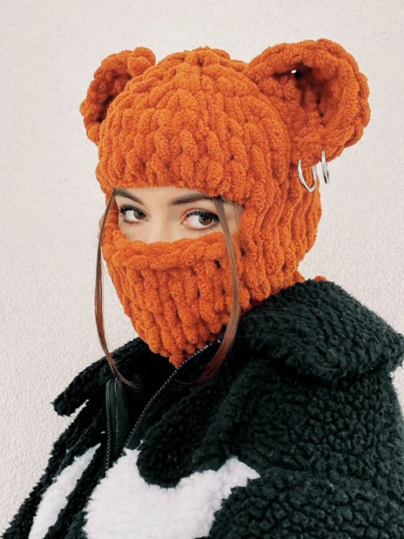 Women's Street Style Braided Design Bear Ear Decor Winter Hat, Casual Fitted Hat, Trendy Knitted Full Face Balaclava Mask Hat for Fall & Winter, Fashion Accessories for Women & Girls, Gift Ideas for Women