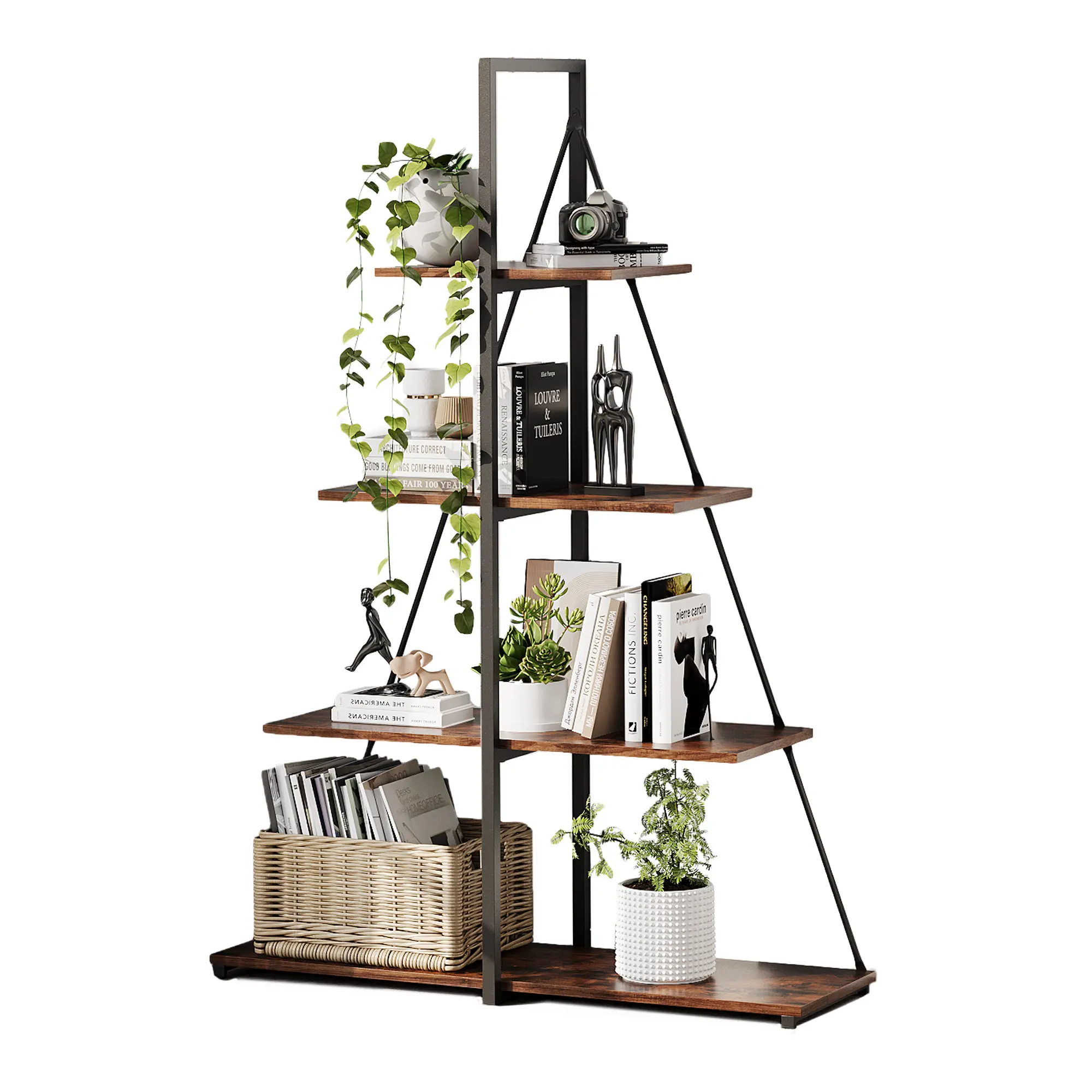 Space-Saving 4-Tier A-Frame Ladder Bookshelf – Modern Corner Bookcase with Durable Metal Frame, Rustic Brown & White Finish, Storage & Display for Office, Living Room, Bedroom