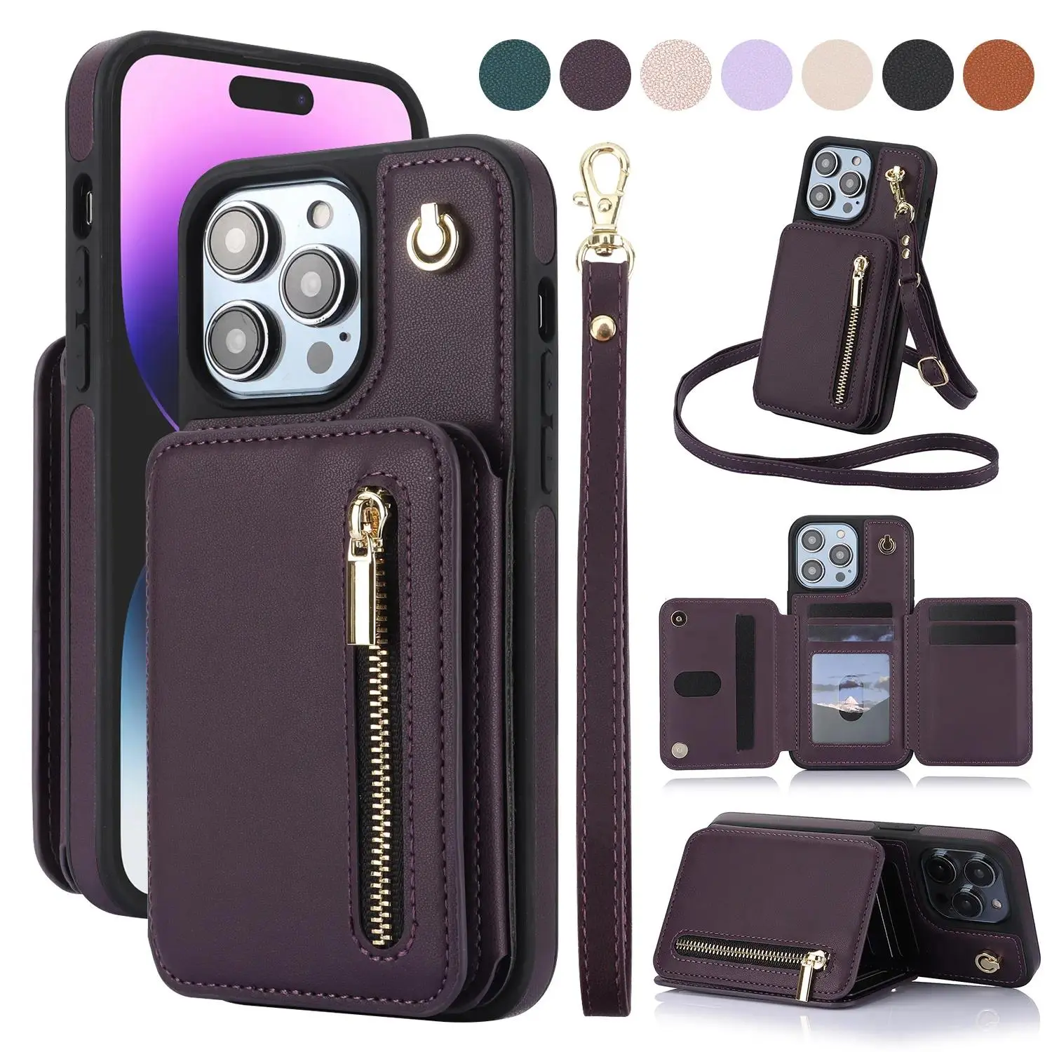 Luxury PU Leather Flip Wallet Case for iPhone 11-17 Series (Incl. iPhone 13 Pro Max) - Protective RFID Blocking Cover with Zipper Card Holder, Cash Storage, Kickstand, Crossbody Lanyard, Wrist Strap for Leisure & Outdoor Use