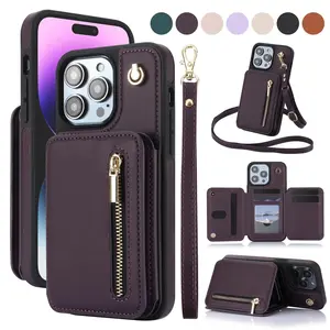 Lotosug Zipper PU Leather Wallet Phone Case For iPhone 17 Pro Max/16/15/14/13/12/11, RFID Blocking Flip Cover With Card Cash Slot, Kickstand, Crossbody Lanyard And Wrist Strap