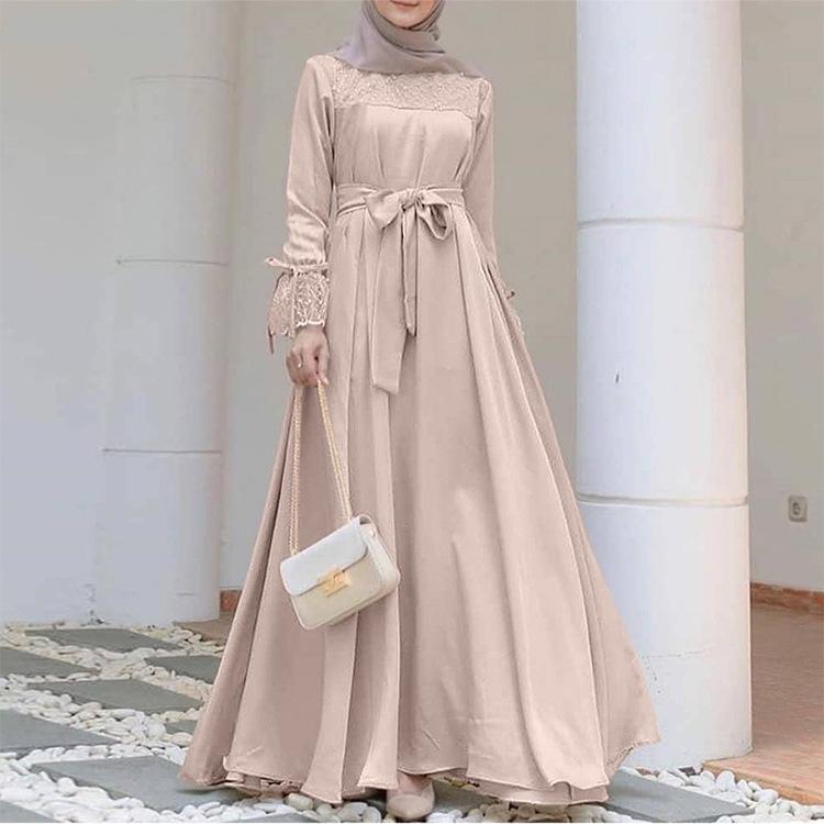 Creative and Elegant Muslim Women'S Long-Sleeved A-Line Dress |   Solid Color Patchwork, Four-Way Stretch, Tie Front Detail, Perfect for Spring, Summer, Autumn Casual Wear