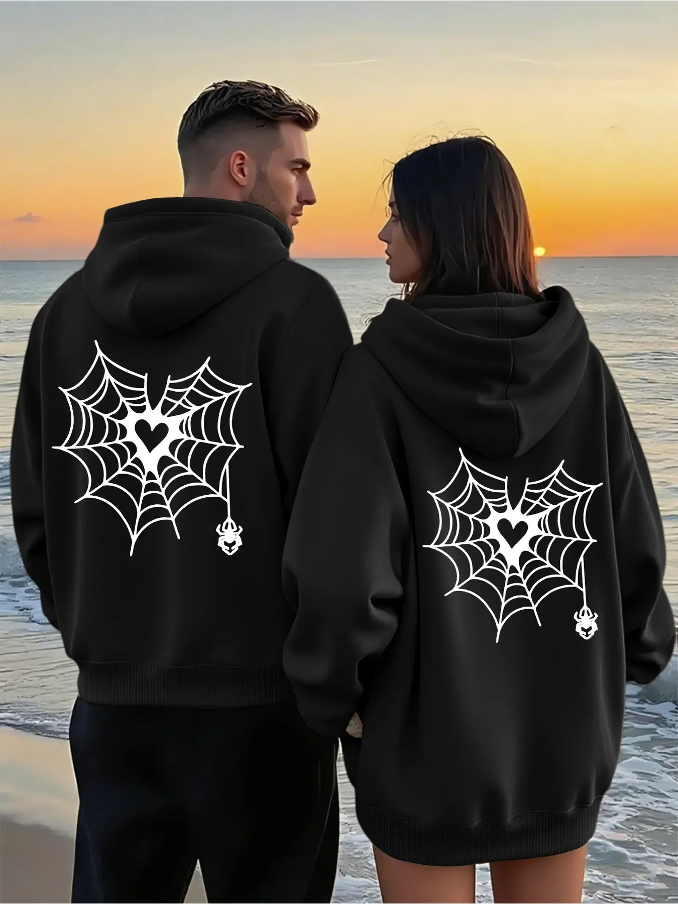 2Pcs Matching Couple Zip Up Hoodies With Geometric Spider Print, Unisex Oversized Sweatshirts With Kangaroo Pockets, Wrinkle-resistant Polyester, Machine Washable, Ideal Layering Outfits & Lover Gifts For Autumn Winter Daily Dating Commute Wear
