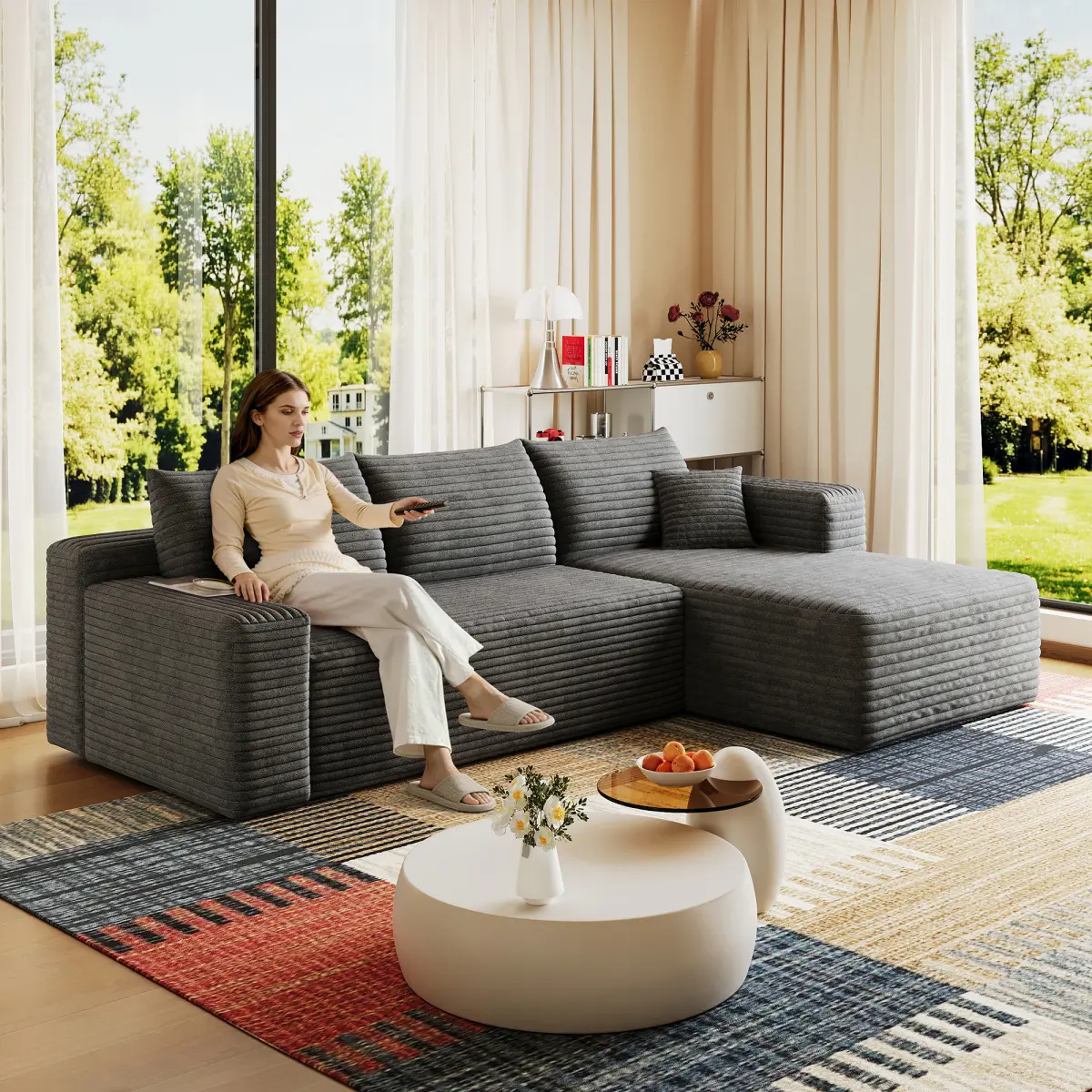 95" Modular Couch Cloud Sectional Sofa,Modern Minimalist Upholstered Couches,Comfort L-Shaped Sofa for Living Room,Deep Seat Corner Couch,Corduroy Fluffy,No Assembly Required