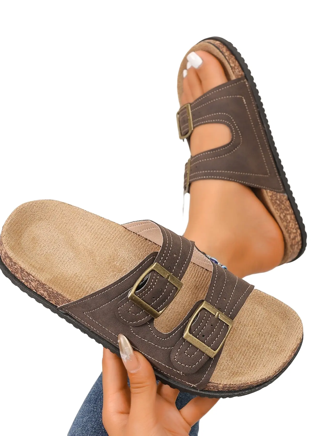 Adjustable Metal Buckle Flat Sandals, Shock Absorbing Cork-Like Insoles, Comfortable Casual Shoes for Women, Ideal for Commuting and Traveling
