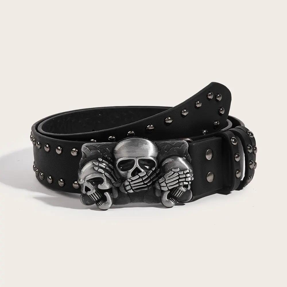 Men's Black Leather Belt in a Punk Rock Style with a Gothic Skull Motif Buckle, Snap-On Design for Casual Fashion, Men's Accessories