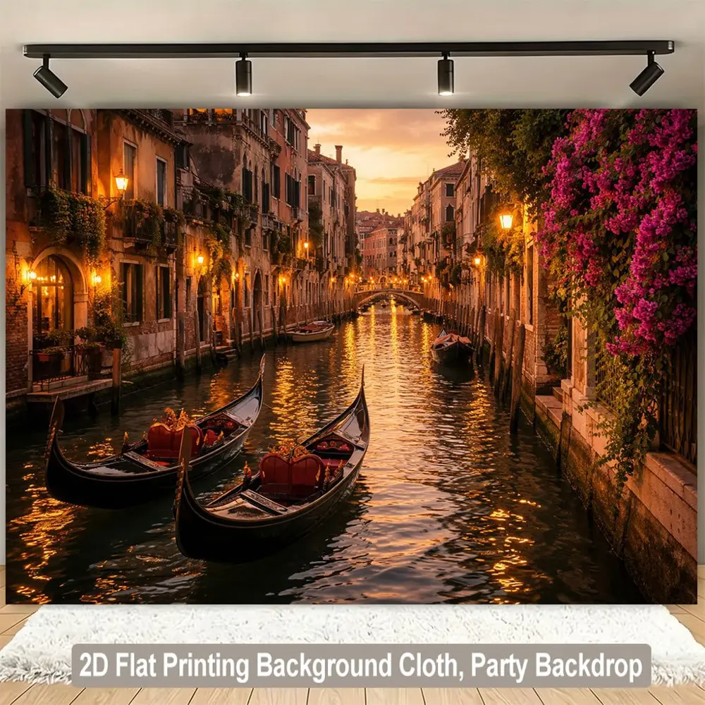 2D Flat HD Digitally Printed Polyester Photography Backdrop Sheet, Venice Canal Sunset Landscape Banner Cloth, Soft Lightweight Foldable, No Fading Risk, Suitable for Portrait Photography, Studio Lives