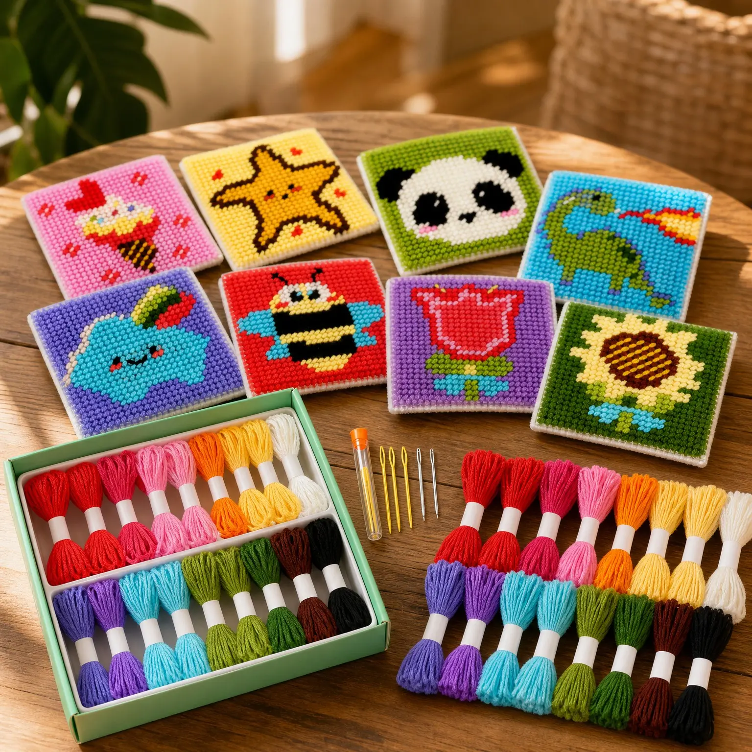 8-in-1 Cross Stitch Kit for Beginners & Kids | 8 PCS Plastic Canvas with Pre-Printed Patterns, 13 Colors Threads, Instructions, Embroidery Needles for Sewing and Coaster NeedlepointGift