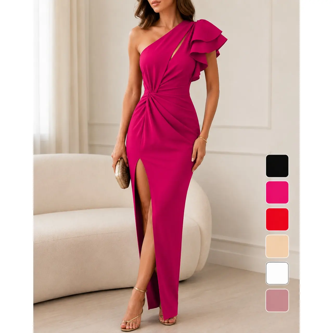 Elegant Asymmetric Slash Collar bodycon dress for Women, Hollow Out Solid Party Dress with Side Split Pleated Detail, Chic Temperament prom dress and birthday dress for Evening, Cocktail, Club, Date Night and Special Occasions
