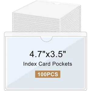 100 count Clear Adhesive Pockets, Plastic Adhesive Label Pockets, Self Adhesive Index Card Pockets with Top Open for Loading, 4.8"x3.6" Self Adhesive Label Holders for Organizing Bins, Box,