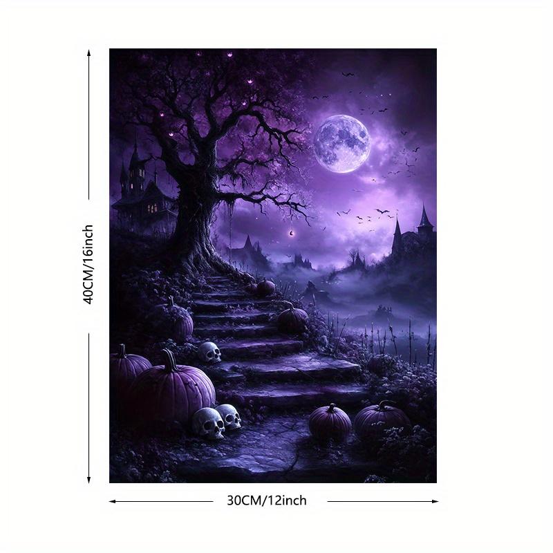 Frameless Gothic Tree and Moon Halloween Canvas Art Poster, Black Purple Sky , Exquisite Decorative Mural for Living Room, Bedroom, Corridor, Office - Ideal Gift for Friends Ornaments Decoration Wall Artistic