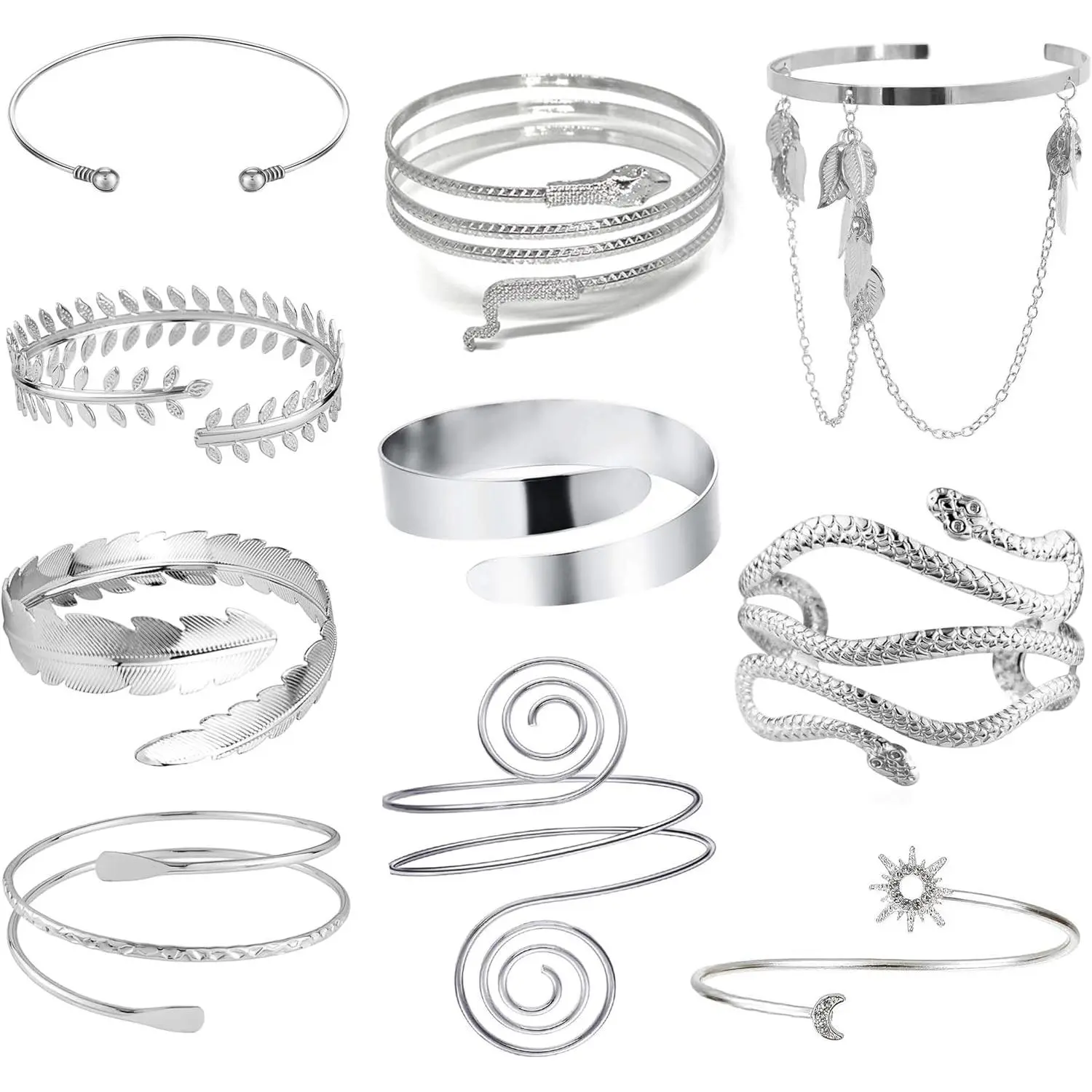 6-10Pcs Arm Cuff Bracelets for Women Upper Arm Bands Snake  Armband Greek Goddess Filigree Swirl Boho Armlet Cuff Bangle Adjustable Golden/Silvery Arm Bracelet Set