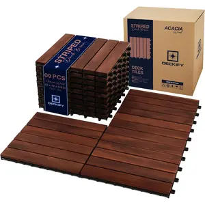 9Pcs Acacia Wood Interlocking Patio Deck Tiles, 12 x 12 x 0.9 Inch Outdoor Flooring, Waterproof for All-Weather Use – Striped, Dark Brown