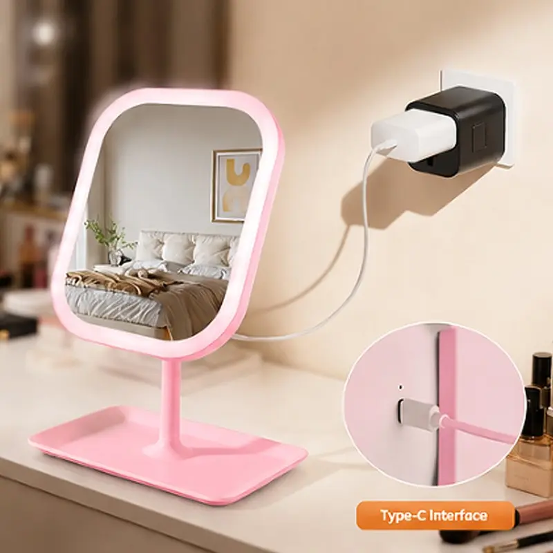 LED Makeup Mirror, Touch Switch 3 Light Colors, Adjustable Brightness, 360° Rotation, Rechargeable Desktop Vanity Mirror, Lighted Mirror