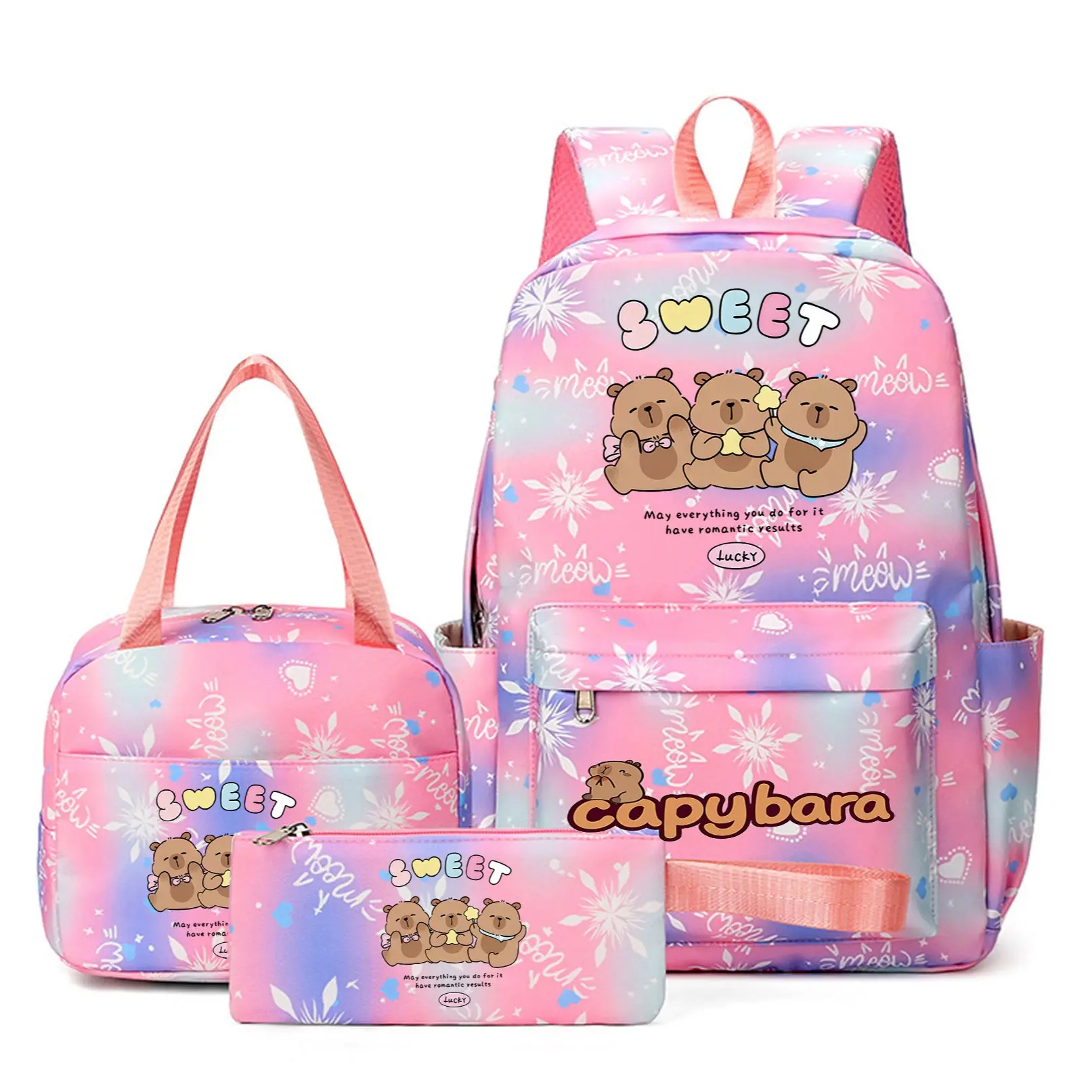 Snowflake Pattern Backpack Set, Daypacks, Cute Capybara Print, Funny Bag, School Supplies, carpincho backpack, Laptop Compartment, Lunch Bag, Pen Case, Adjustable Straps, Gift Idea