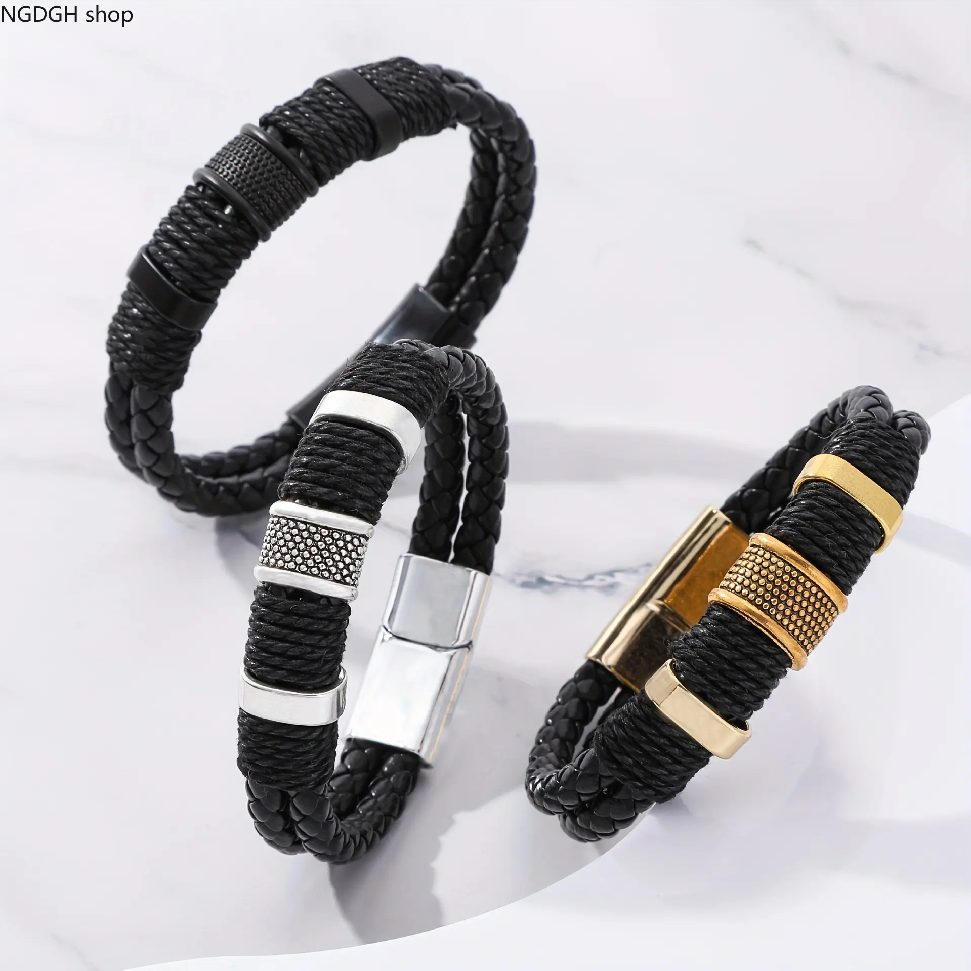 Braided Leather Magnetic Bracelet with Textured Metal Charm and Bar Clasp, Multi-Layer Black Wristband for Men, Urban Tactical Style Jewelry, Stainless Steel Bangle with Gold or Silver Finish, Perfect for Daily Wear, Work & Fashion Gifts.