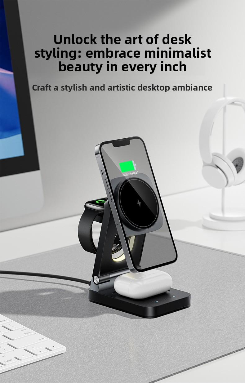 New foldable magnetic three-in-one wireless fast charger suitable for Apple phone stand wireless charging