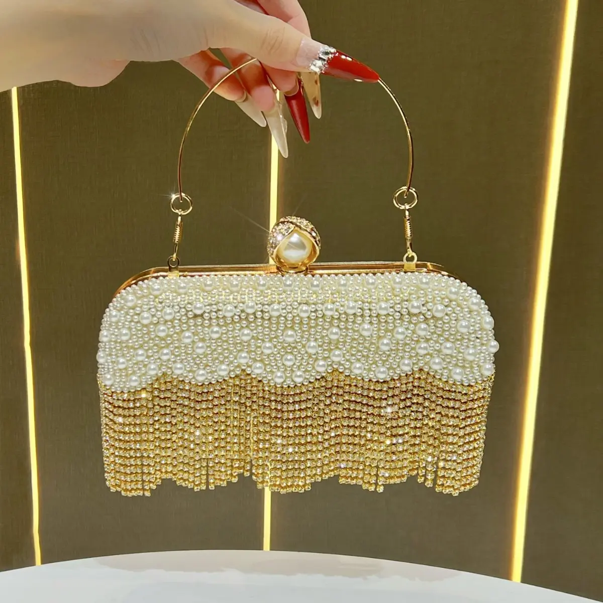 Pearl Beaded Tassel Evening Clutch Bag Women Bridal Wedding Metal Handle Crossbody Purse Formal Party Handbag