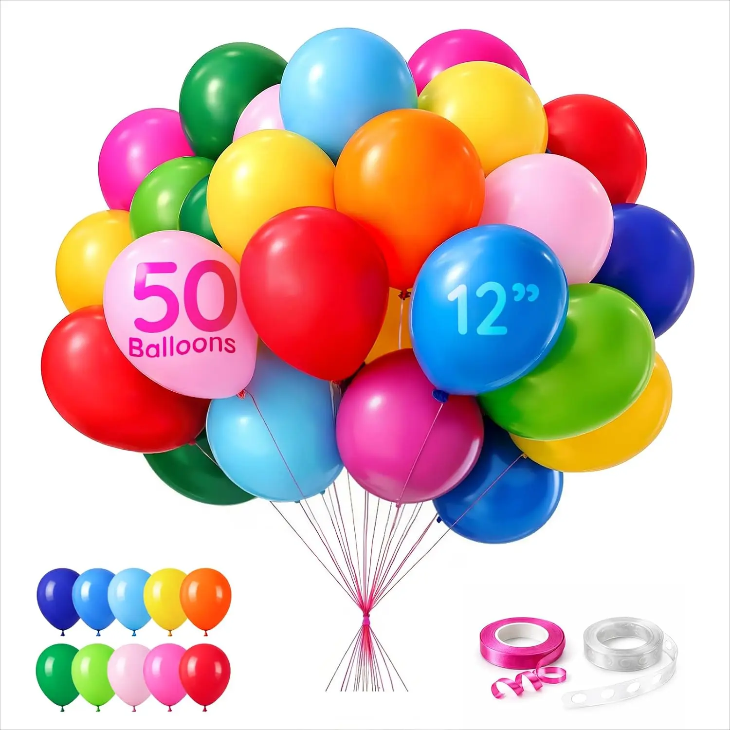 Multicolor Balloons 50 count 12 Inch Helium Grade Latex Balloons with Ribbon & Balloon Chain – Party Balloons for Birthday,  Party & Celebrations